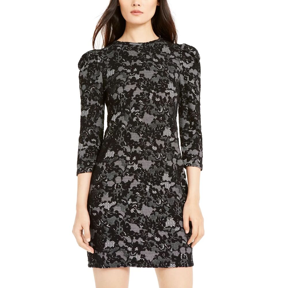Michael Kors Women’s Lace-Print Stretch Sheath Mini Dress – 3/4 Puff Sleeves